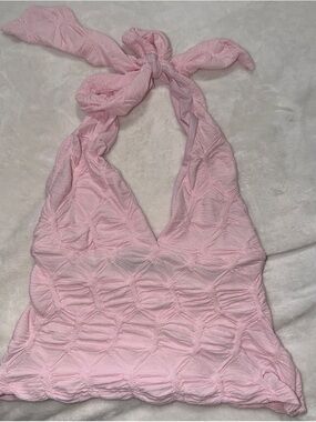 Women’s Pink Halter Bandeau Top - Textured Tie-Neck